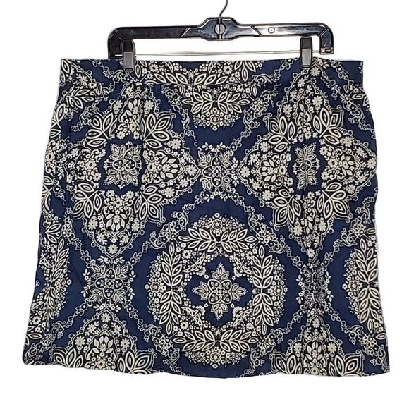 NEW G.H. Bass Light Weight Cotton Skirt 16 Boho Floral Navy Blue Beige Tan - Picture 1 of 4